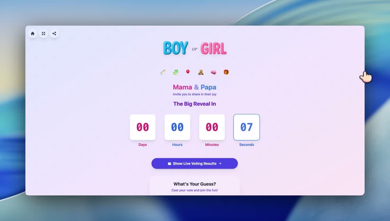 RevealTogether demo - synchronized gender reveal countdown